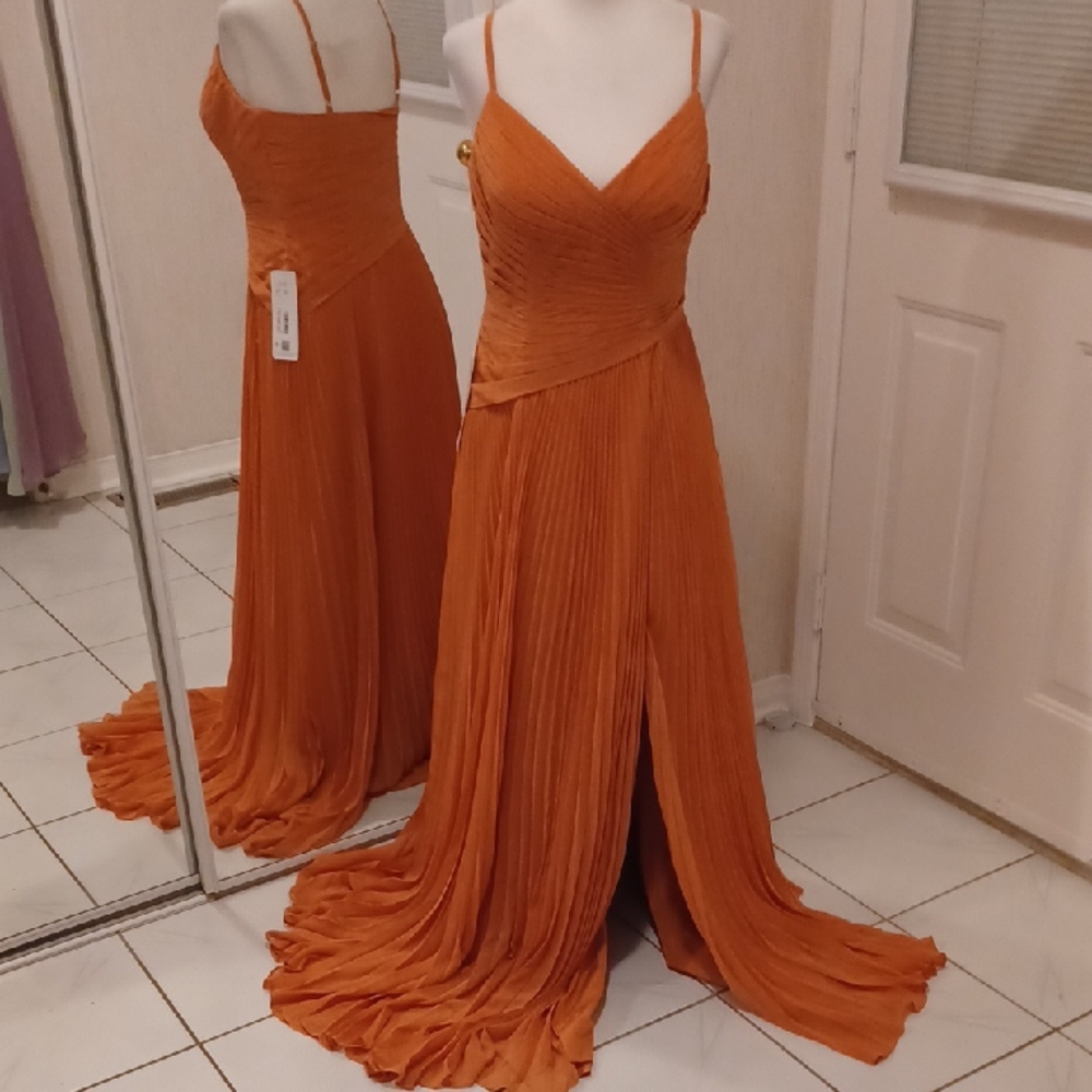 New Azazie Burnt Coral Pleated Maxi Dress - Size A6 (Small)
